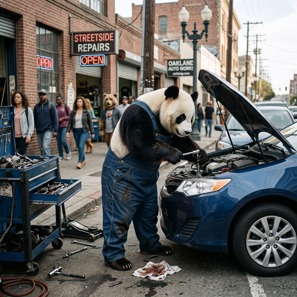 Panda in mechanic overalls fixing a blue car engine on a street